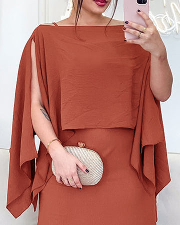 2 Pieces Outfit Asymmetrical Hem Split Sleeve Pullover Top and Casual Midi Skirt Set